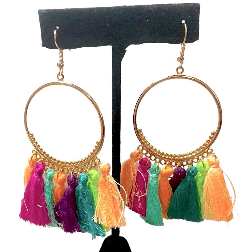 Multicolored Fringe Gold Hoop Fish Hook Earrings